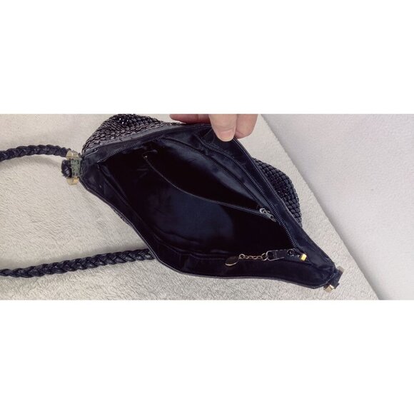 Black Mesh Handbag Shoulder Strap Braided Leather Glossy Day Evening 8x11 Purse - Picture 6 of 9